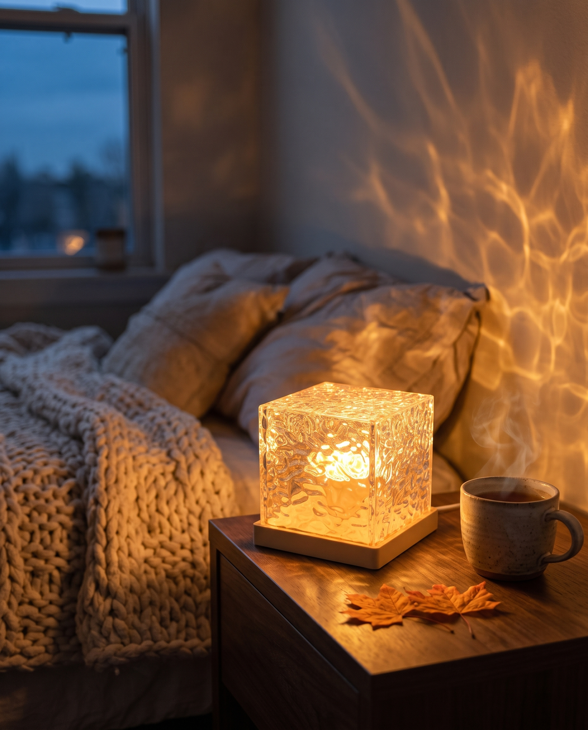 Lampka na stoliku nocnym rzuca ciepłe fale światła na ścianę sypialni