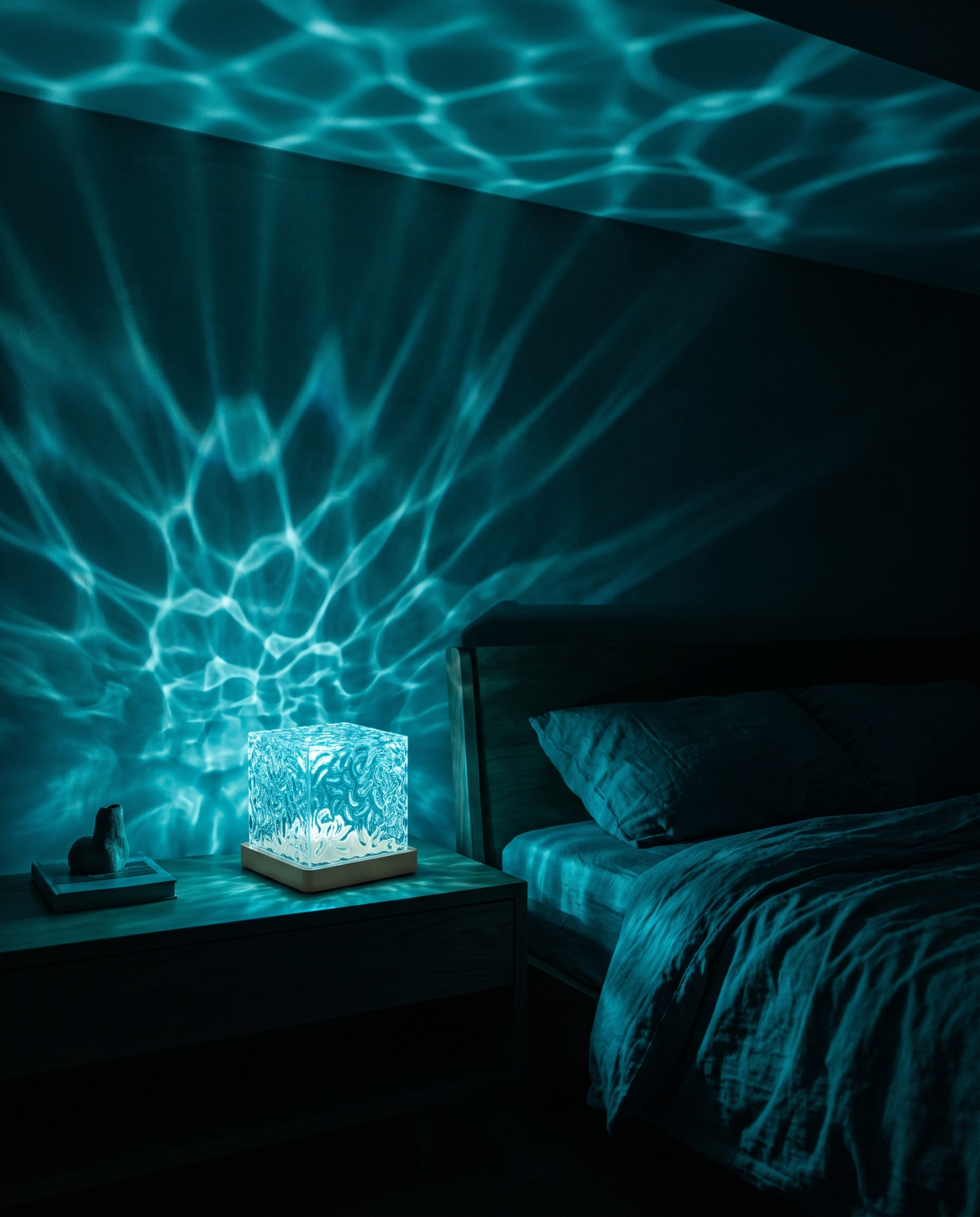Niebieskie fale oceanu na suficie sypialni nocą