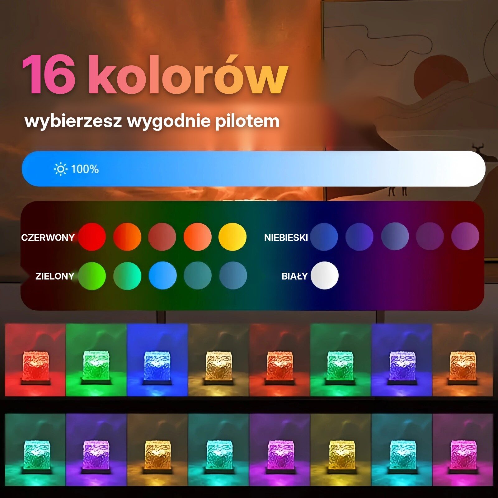 16 kolorów światła wybieranych pilotem